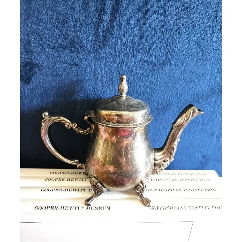 Elegance Vintage Silver Plated Mini Tea Pot Scrollwork Footed Base Curved Spout